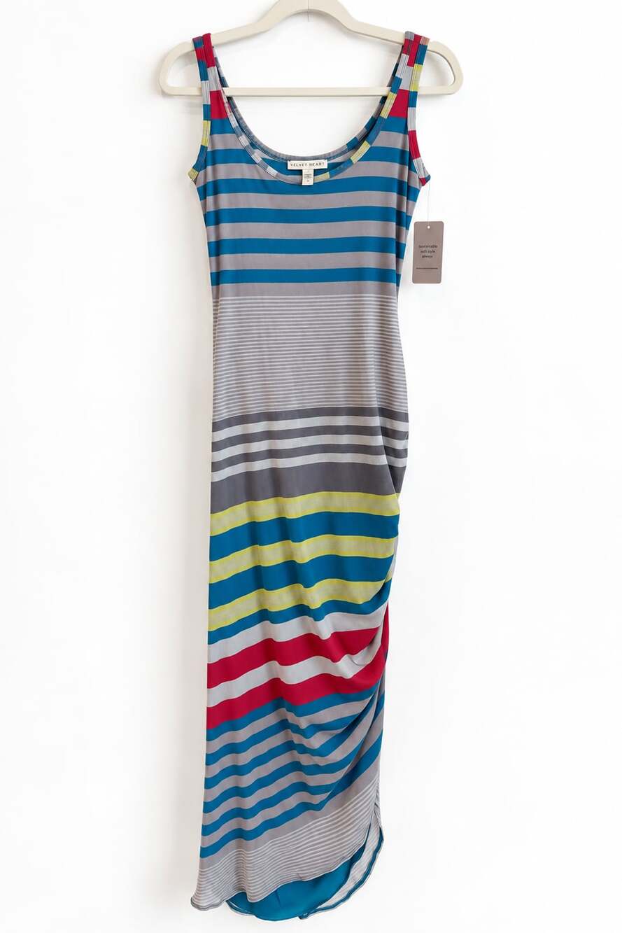 Weston Wear Striped Maxi Dress Size L Colorful Sleeveless Ruched NWT